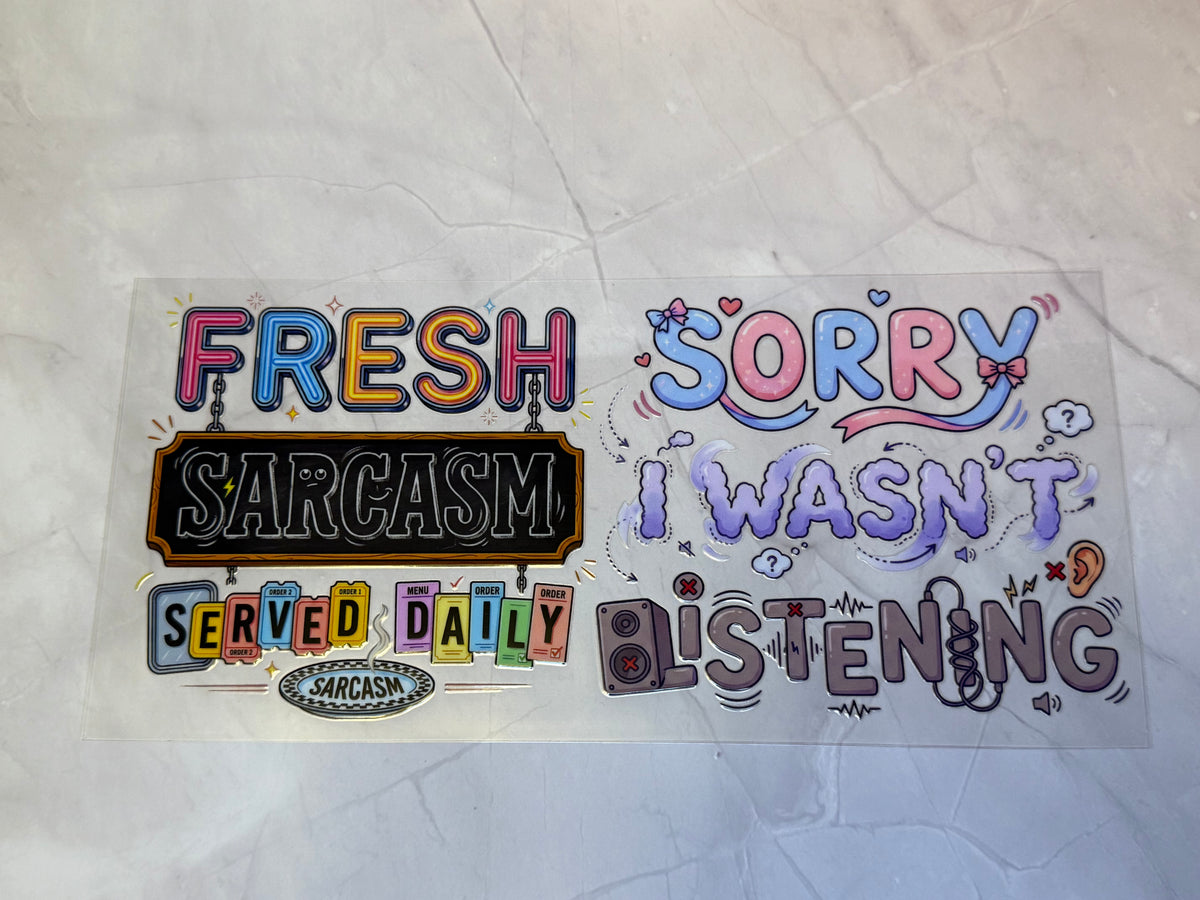 uvdtf cup wraps: holographic, teacher, food, motivational, sarcasm, swear words
