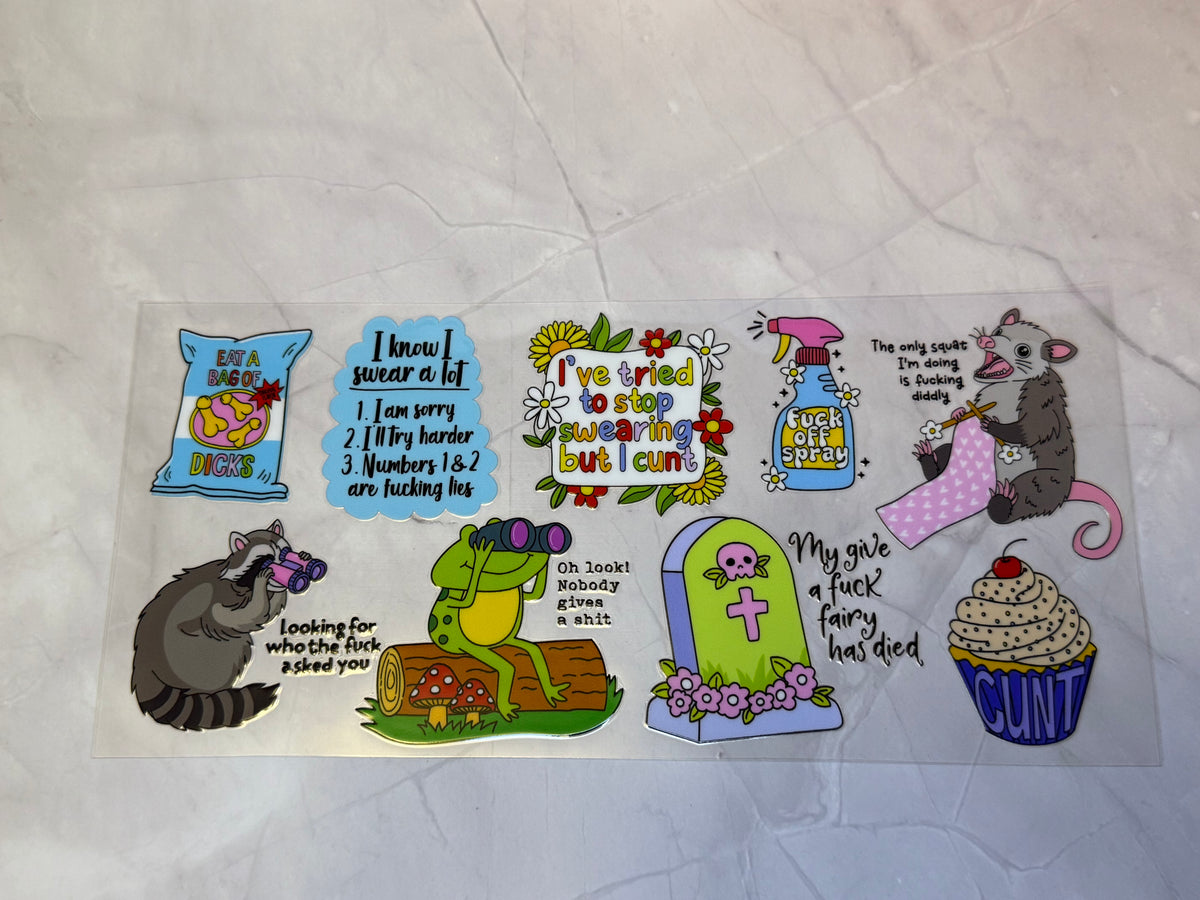 uvdtf cup wraps: holographic, teacher, food, motivational, sarcasm, swear words