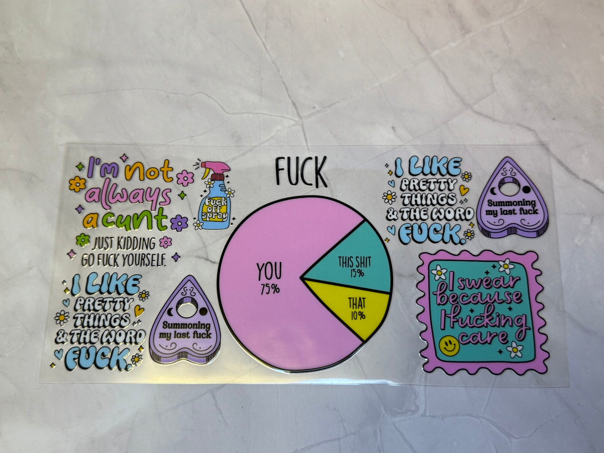 uvdtf cup wraps: holographic, teacher, food, motivational, sarcasm, swear words