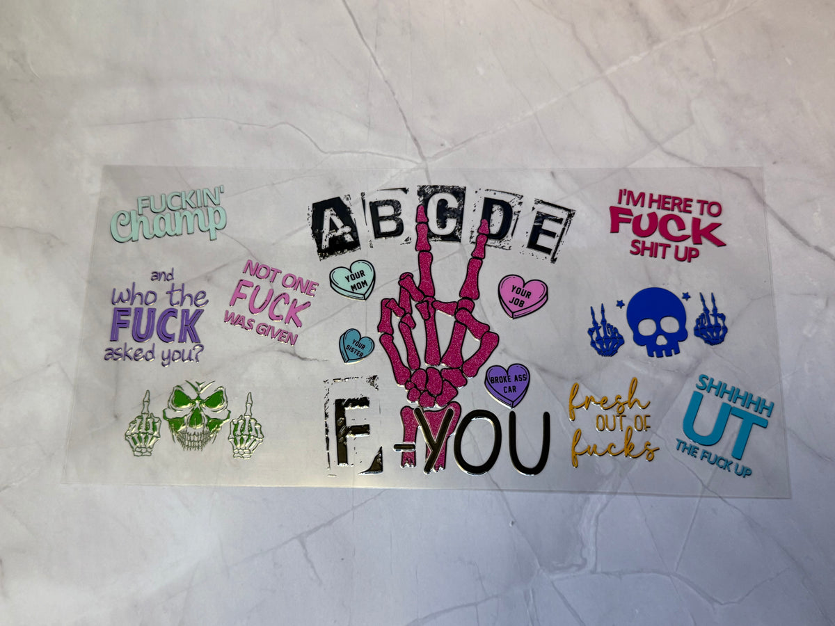 uvdtf cup wraps: holographic, teacher, food, motivational, sarcasm, swear words